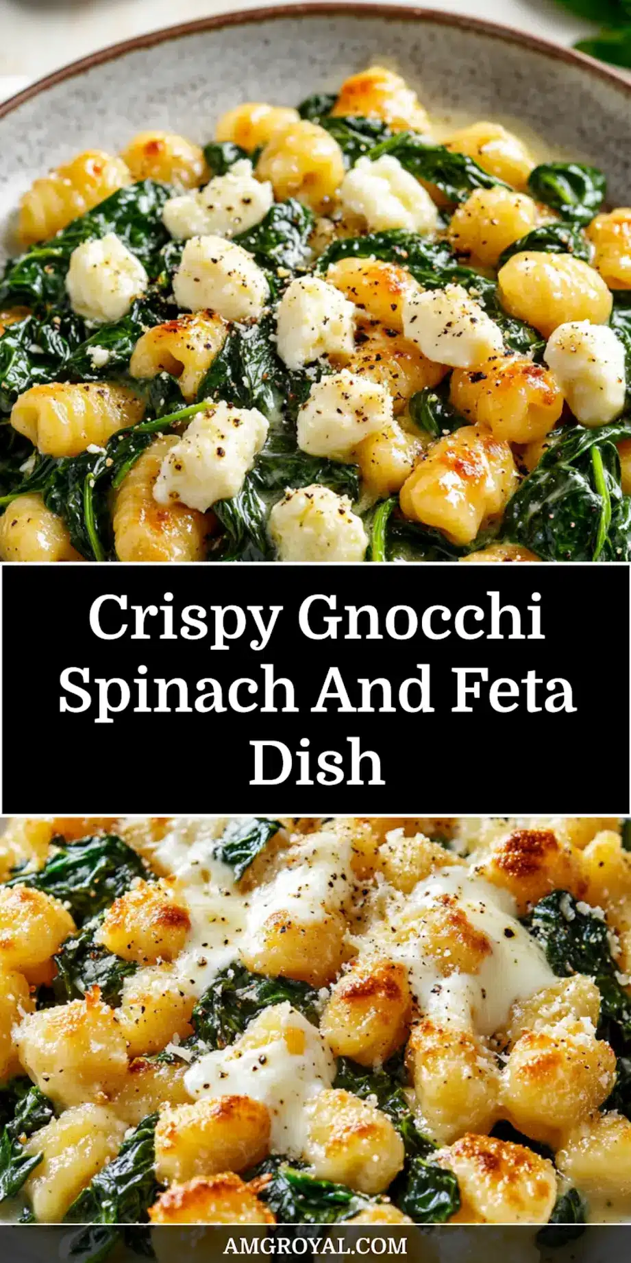 Crispy Gnocchi Spinach And Feta Recipe You Must Try 7 CRISPY GNOCCHI SPINACH AND FETA centered hero view, clean and uncluttered_pin