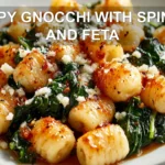 CRISPY GNOCCHI WITH SPINACH AND FETA centered hero view, clean and uncluttered