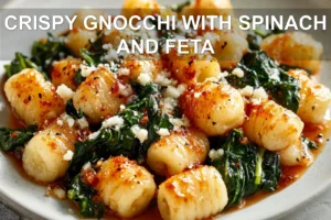 Crispy Gnocchi With Spinach And Feta: Easy Tantalizing Recipe CRISPY GNOCCHI WITH SPINACH AND FETA centered hero view, clean and uncluttered