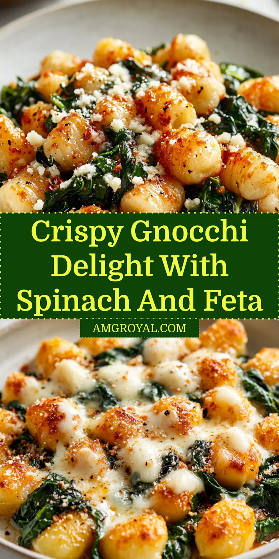 A bowl of Crispy Gnocchi with Spinach and Feta, garnished and ready to enjoy.