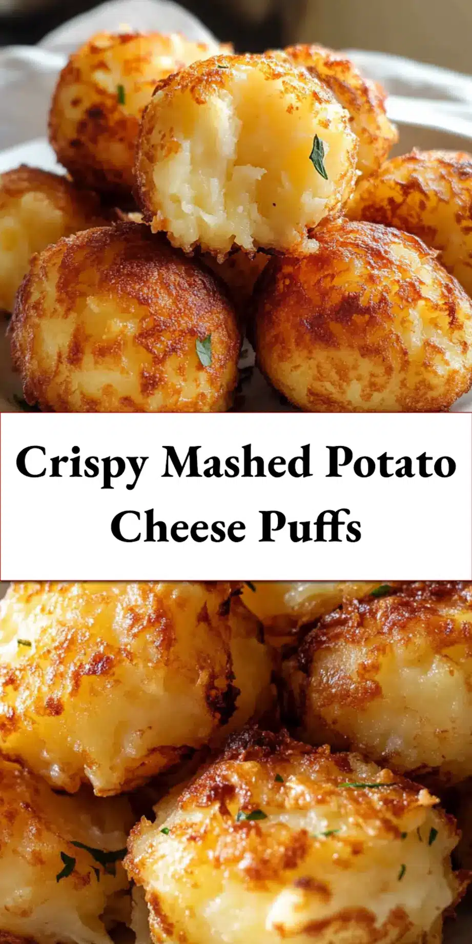 Pinterest graphic: Crispy Mashed Potato Cheese Puffs served on a plate