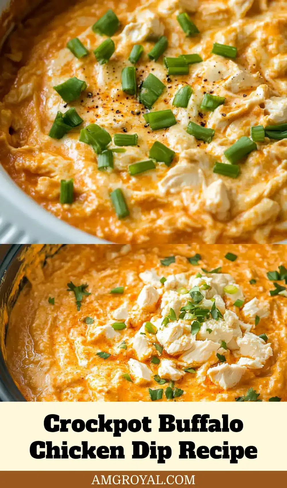 Finished Crockpot Buffalo Chicken Dip served warm and topped with cheese in slow cooker
