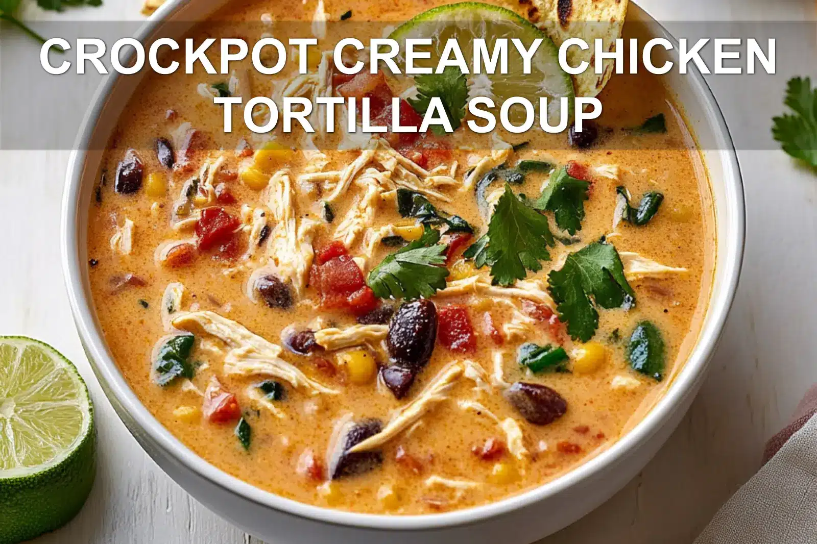 CROCKPOT CREAMY CHICKEN TORTILLA SOUP centered hero view, clean and uncluttered