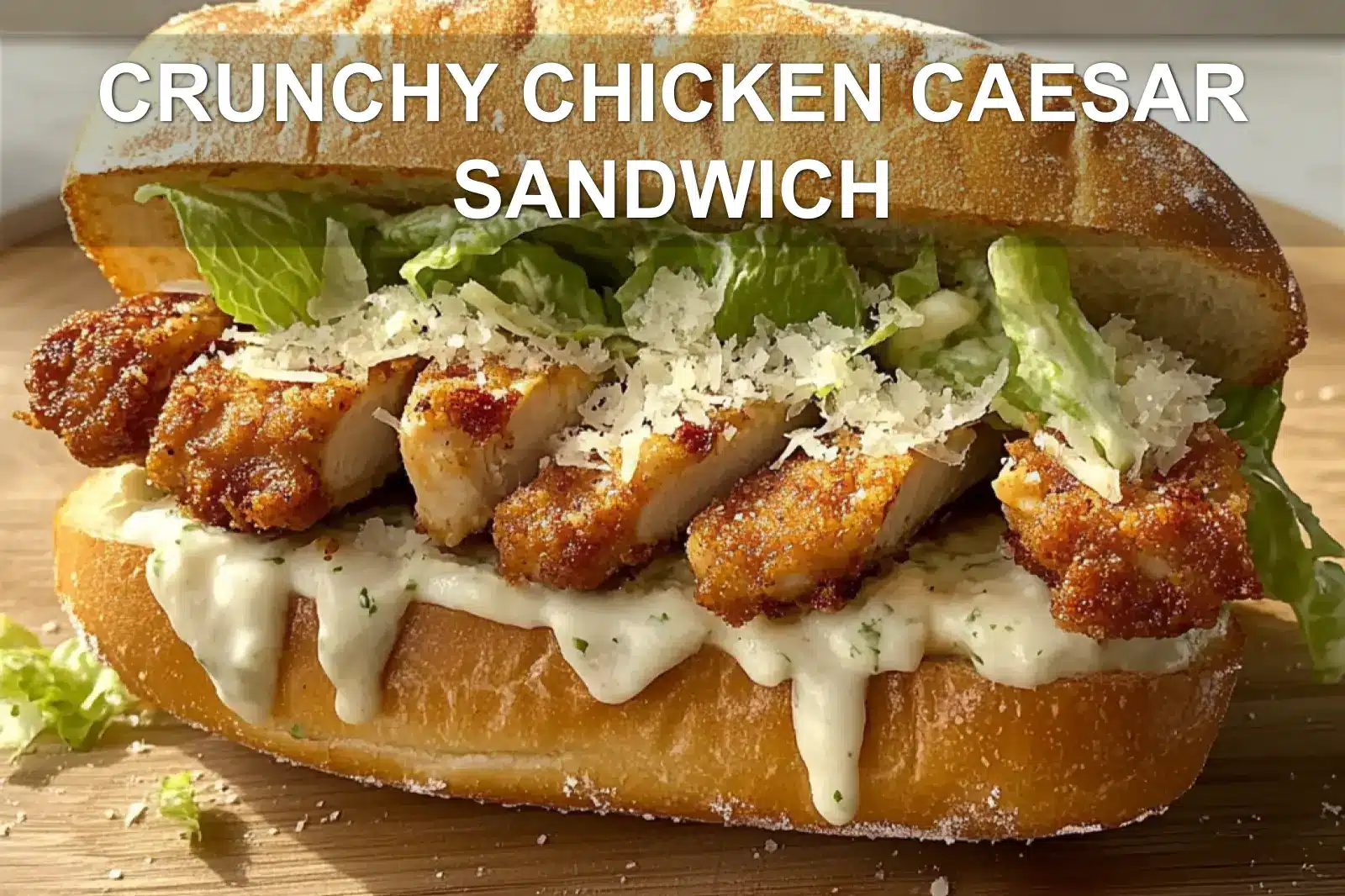 CRUNCHY CHICKEN CAESAR SANDWICH centered hero view, clean and uncluttered