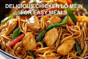 DELICIOUS CHICKEN LO MEIN FOR EASY MEALS centered hero view, clean and uncluttered