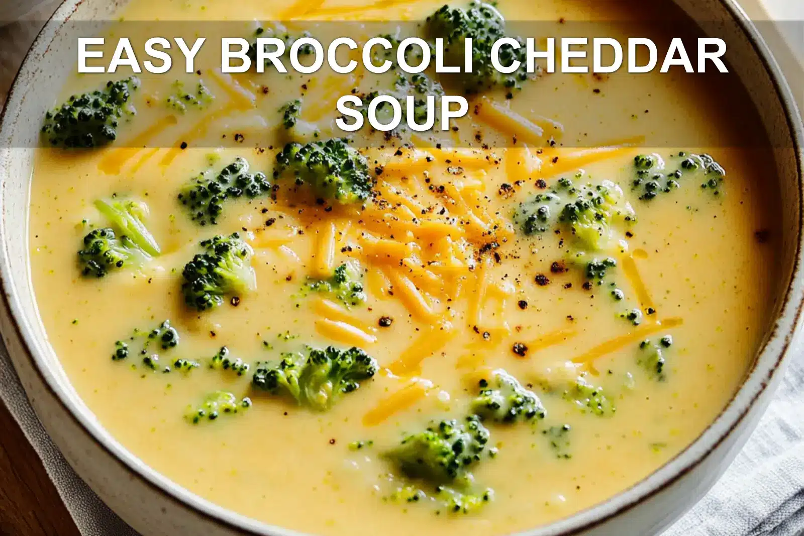 EASY BROCCOLI CHEDDAR SOUP centered hero view, clean and uncluttered