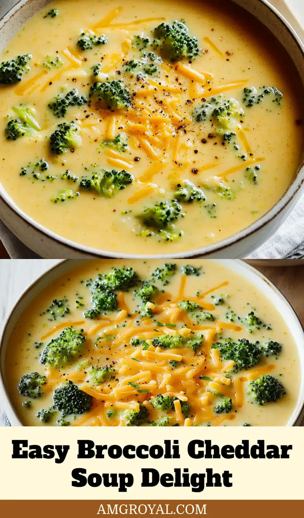 A comforting bowl of Easy Broccoli Cheddar Soup, garnished with fresh herbs and a sprinkle of cheddar, perfect for sharing on social media.