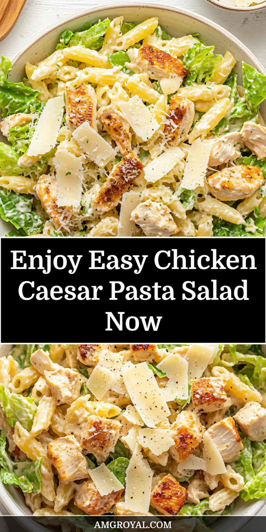 Easy Chicken Caesar Pasta Salad Recipe Youll Love 7 Close-up of Easy Chicken Caesar Pasta Salad, featuring creamy dressing, visible pasta, chicken, and fresh lettuce, perfect for Pinterest