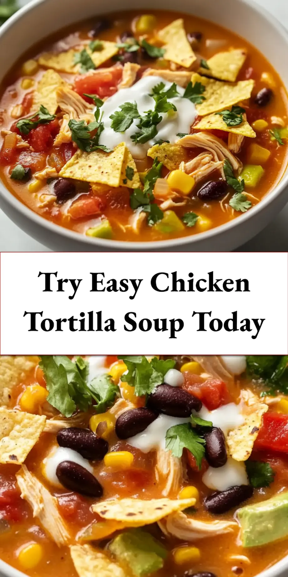 Easy Chicken Tortilla Soup: Delicious Simple Recipe 6 Pinterest-optimized image of easy chicken tortilla soup in bowl with toppings