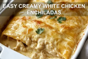 EASY CREAMY WHITE CHICKEN ENCHILADAS centered hero view, clean and uncluttered