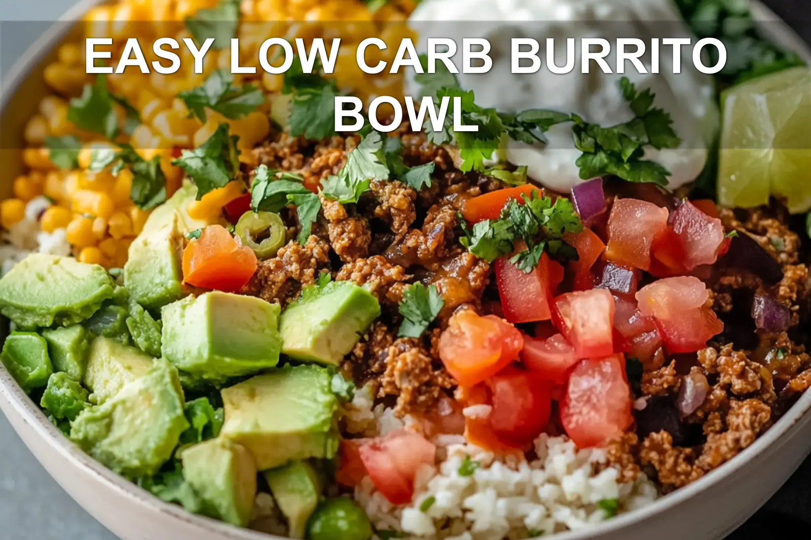 EASY LOW CARB BURRITO BOWL centered hero view, clean and uncluttered