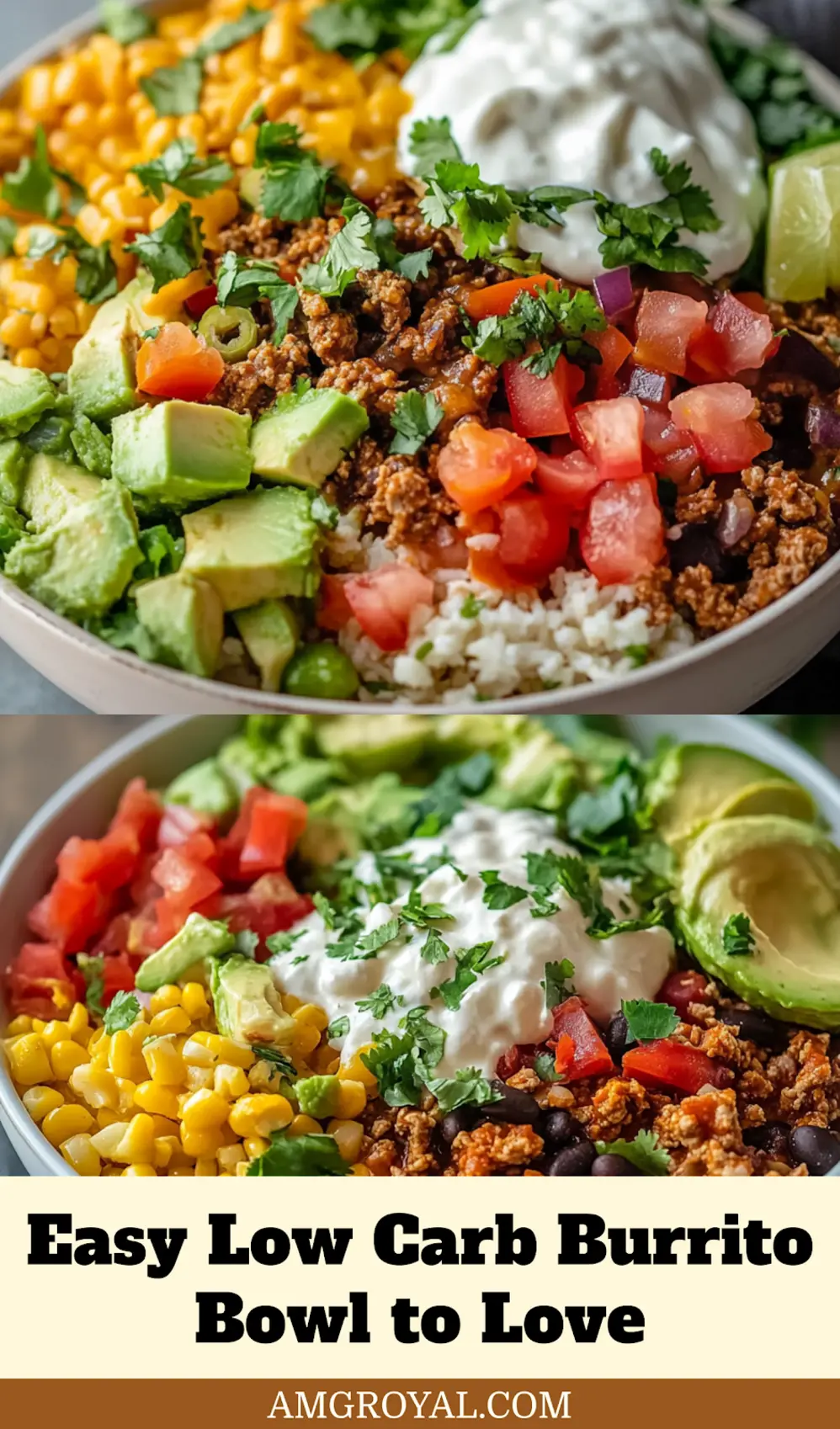 Vibrant easy low carb burrito bowl with various toppings arranged neatly, suitable for a meal prep or Pinterest graphic.