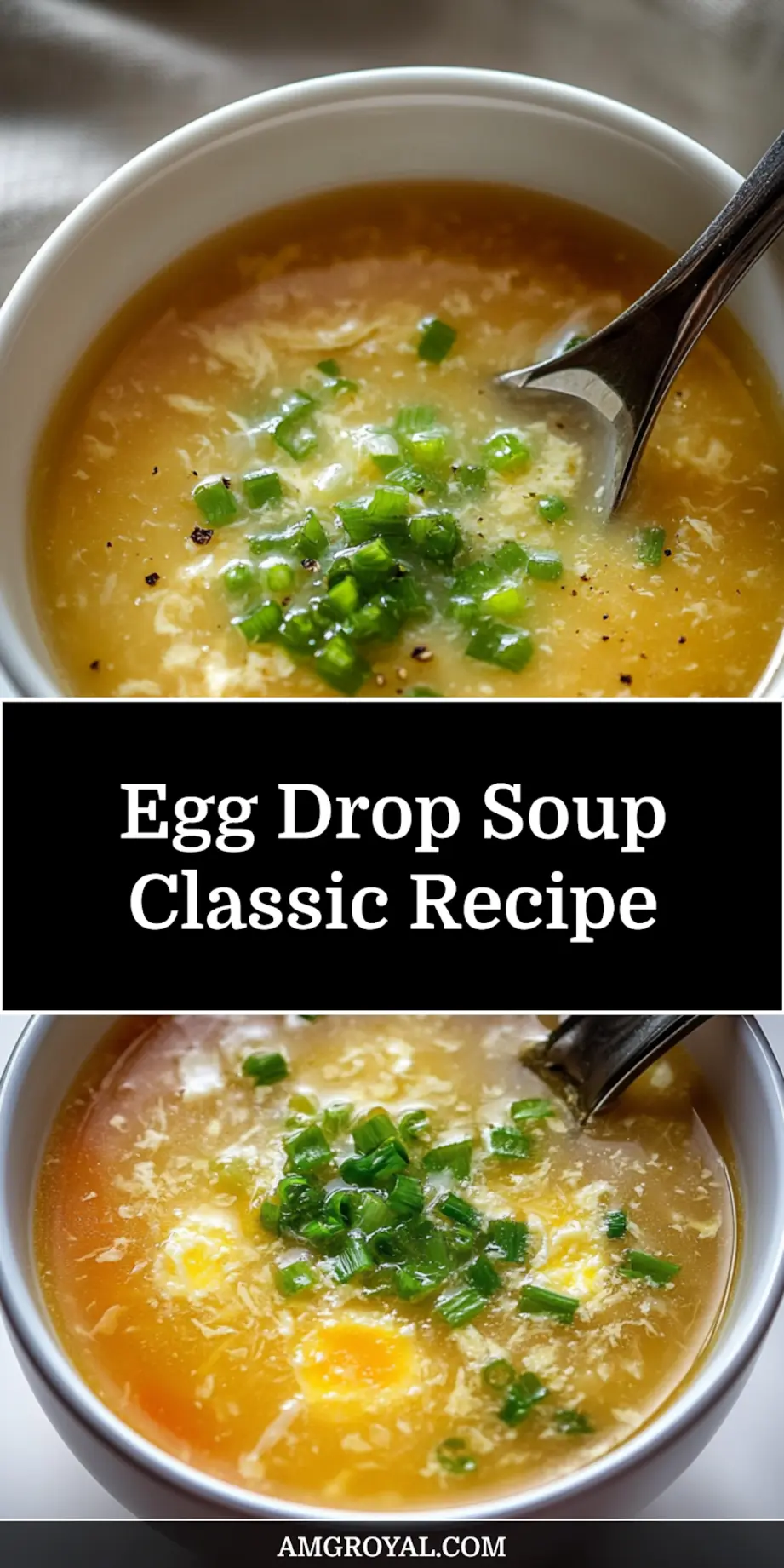 A close-up of a golden egg drop soup in a white bowl, garnished with chopped green onions.