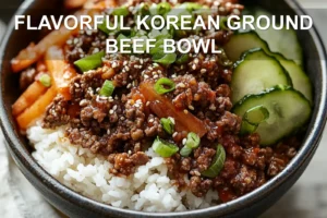 FLAVORFUL KOREAN GROUND BEEF BOWL centered hero view, clean and uncluttered