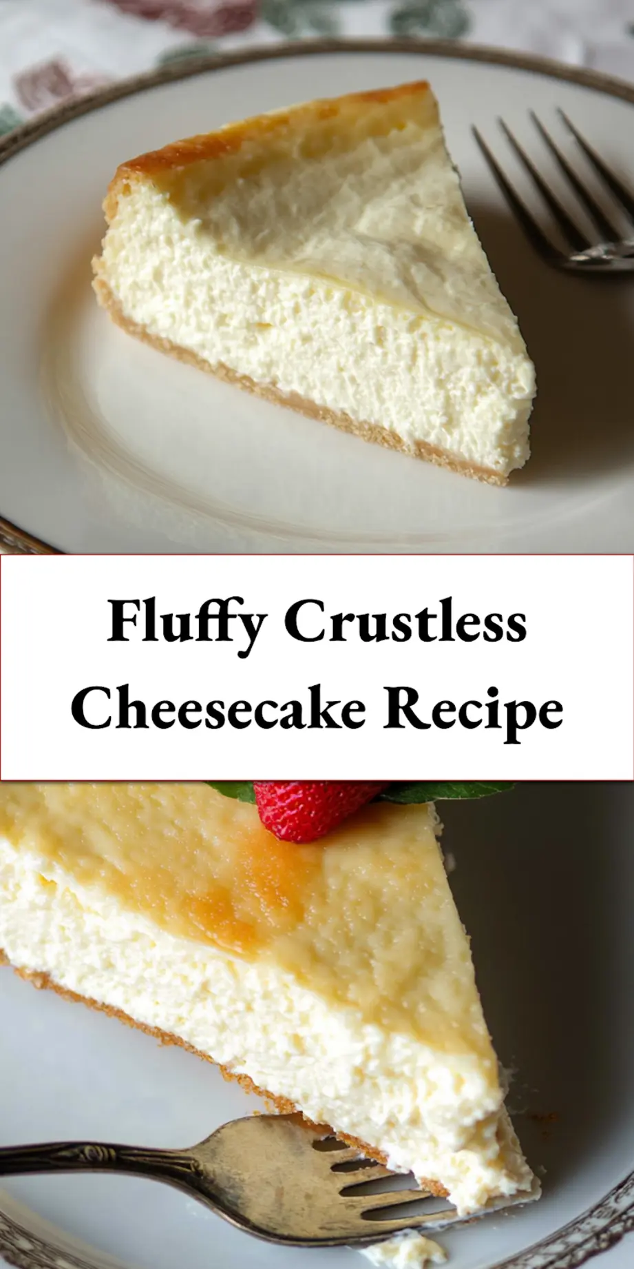 A golden-brown fluffy crustless cheesecake, beautifully sliced and served with fresh berries, highlighting its delicate, airy texture.