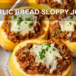 GARLIC BREAD SLOPPY JOES centered hero view, clean and uncluttered