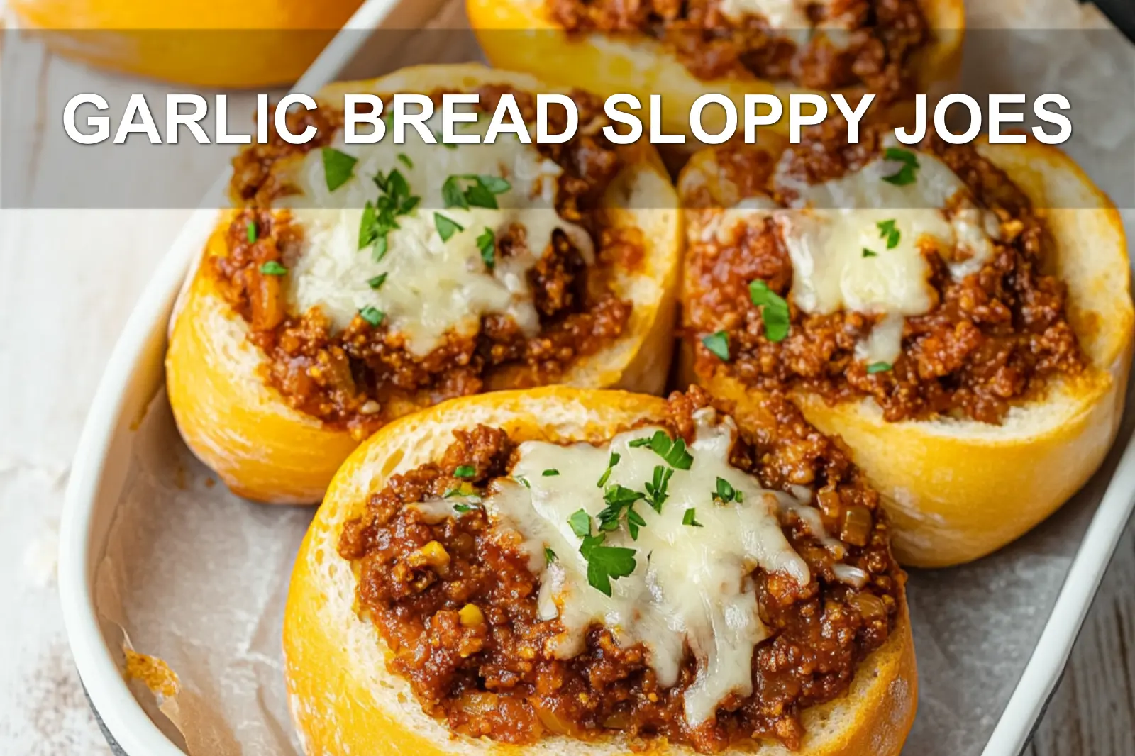 GARLIC BREAD SLOPPY JOES centered hero view, clean and uncluttered