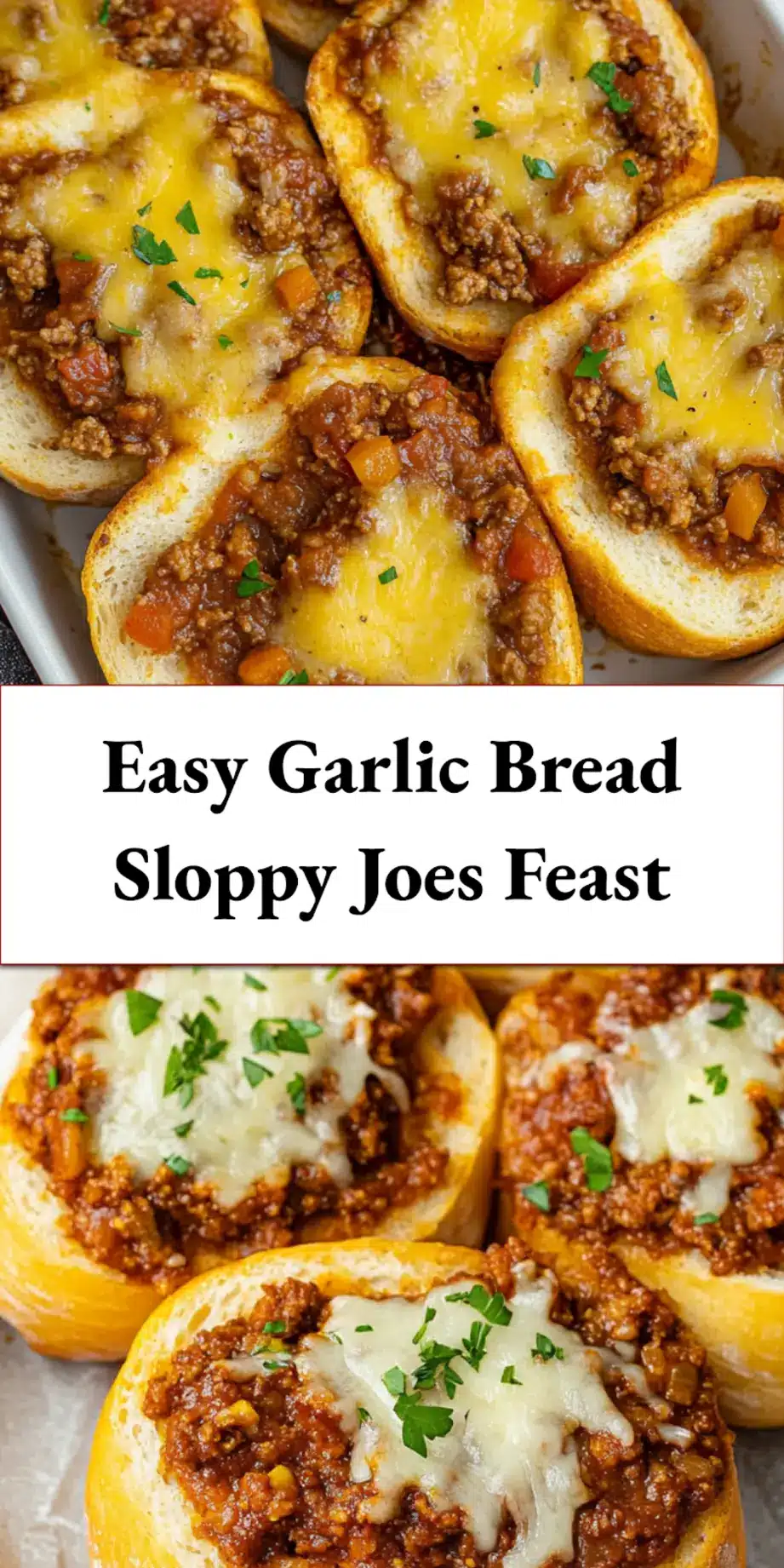 Overhead shot of two cheesy Garlic Bread Sloppy Joes on a plate, perfect for pinning.