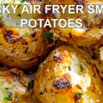 GARLICKY AIR FRYER SMASHED POTATOES centered hero view, clean and uncluttered