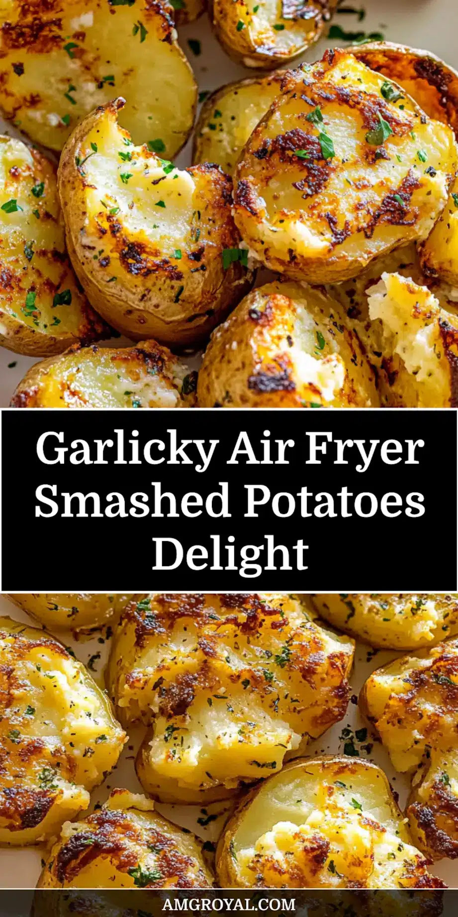 GARLICKY AIR FRYER SMASHED POTATOES centered hero view, clean and uncluttered_pin