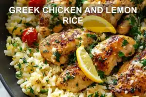 GREEK CHICKEN AND LEMON RICE centered hero view, clean and uncluttered