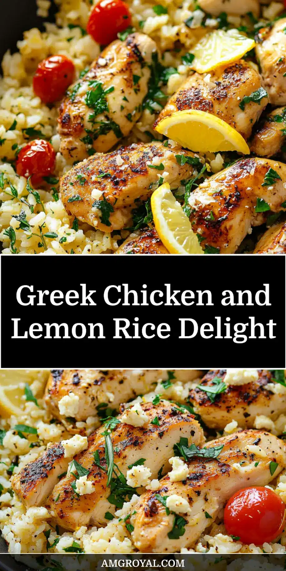 Greek Chicken and Lemon Rice: Easy and Delicious Dinner 6 Pinterest graphic: Overhead view of Greek Chicken and Lemon Rice with tender chicken and fluffy rice.