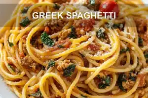 Greek Spaghetti Recipe - Delicious and Easy Dinner GREEK SPAGHETTI centered hero view, clean and uncluttered