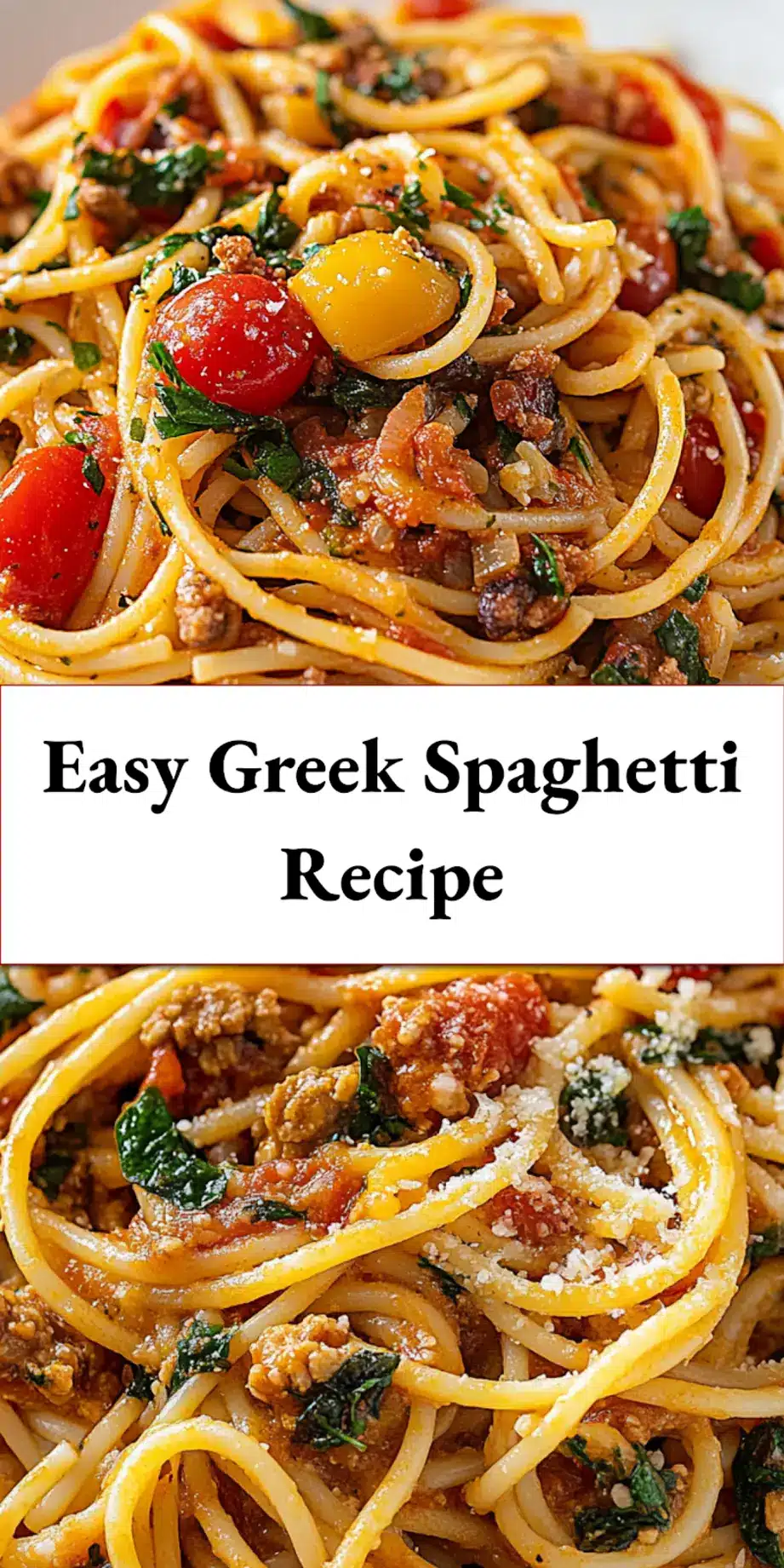Overhead view of a bowl of Greek spaghetti with feta, olives, and fresh herbs, perfect for a Pinterest pin.