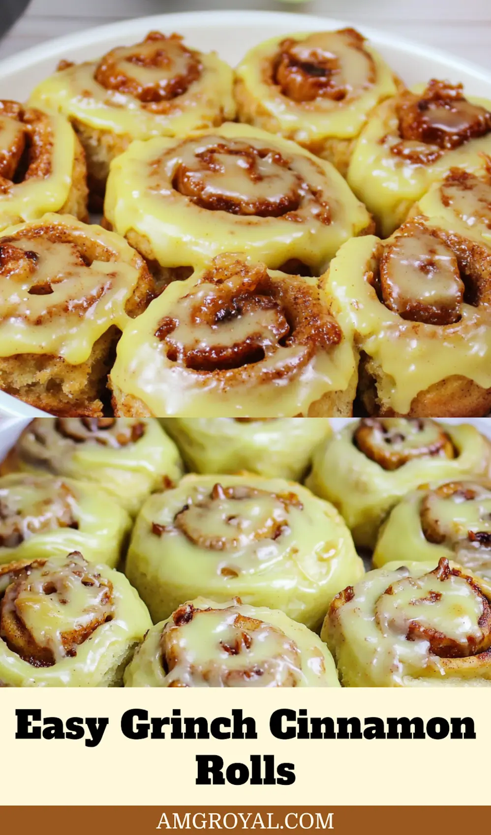 Overhead shot of freshly baked Grinch Cinnamon Rolls with green frosting and red heart candies, perfect for Pinterest sharing