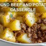 GROUND BEEF AND POTATOES CASSEROLE centered hero view, clean and uncluttered