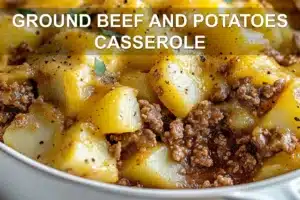 Ground Beef and Potatoes Casserole Recipe You'll Love GROUND BEEF AND POTATOES CASSEROLE centered hero view, clean and uncluttered
