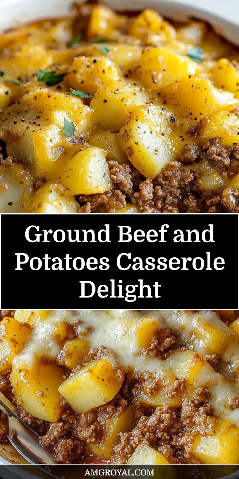 Pinterest pin for Ground Beef and Potatoes Casserole, showcasing a delightful, cheesy dish