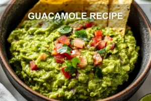 GUACAMOLE RECIPE centered hero view, clean and uncluttered