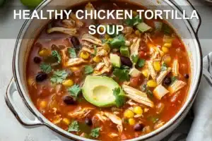Healthy Chicken Tortilla Soup: Quick Simple Recipe HEALTHY CHICKEN TORTILLA SOUP centered hero view, clean and uncluttered