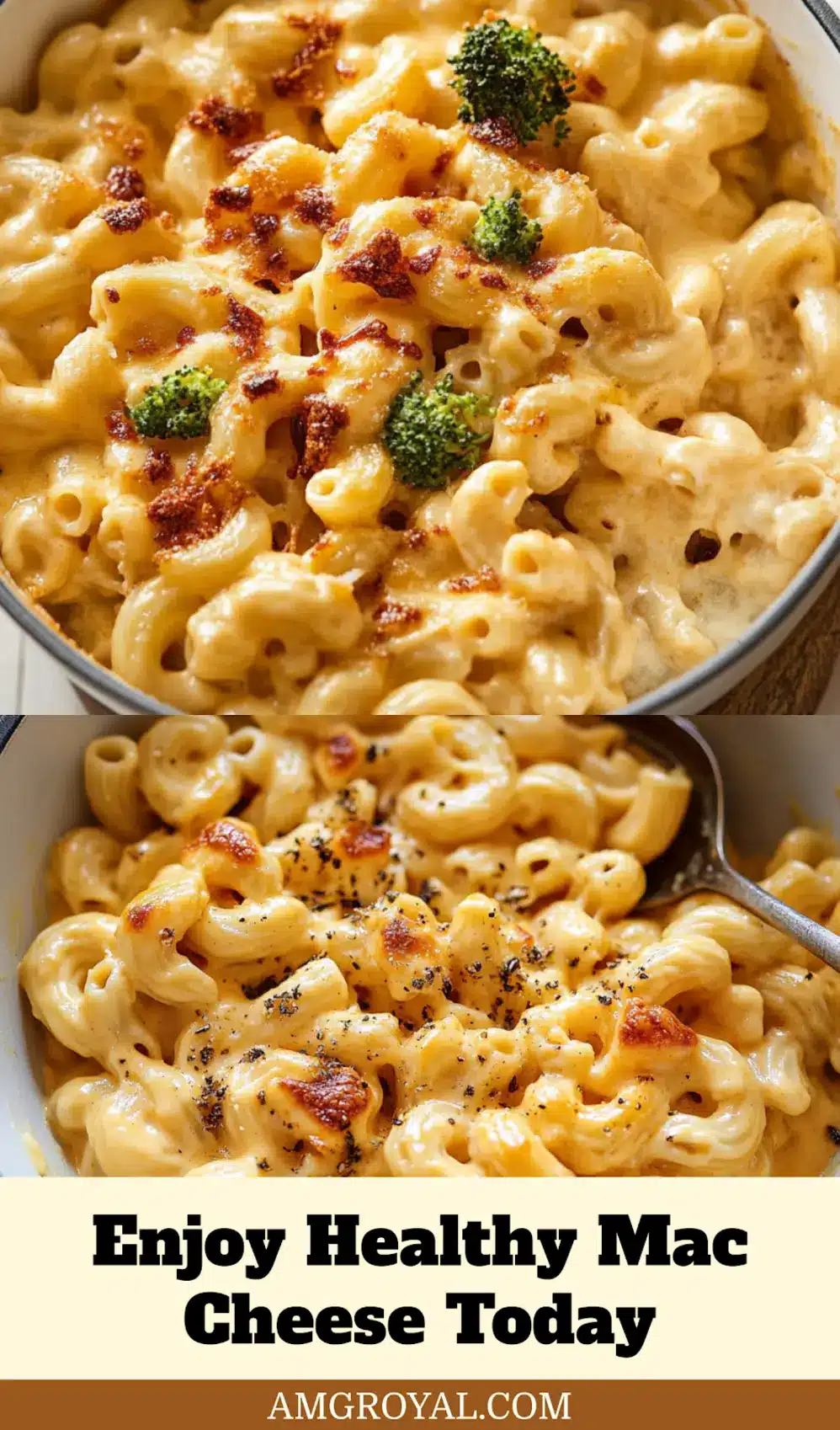 Healthy Mac Cheese Simple Delicious Comfort Food 7 A Pinterest-optimized image of healthy butternut squash mac and cheese with broccoli florets and bacon bits, perfect for sharing.