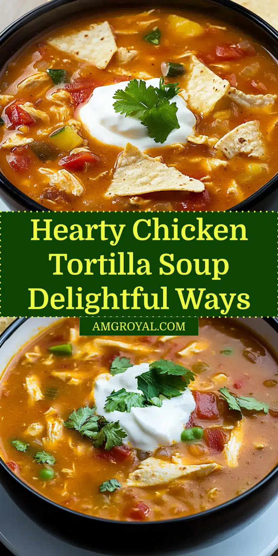 Hearty Chicken Tortilla Soup 5 Ways To Enjoy Now 6 Pinterest optimized image of hearty chicken tortilla soup in a white bowl