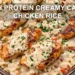 HIGH PROTEIN CREAMY CAJUN CHICKEN RICE centered hero view, clean and uncluttered