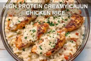 HIGH PROTEIN CREAMY CAJUN CHICKEN RICE centered hero view, clean and uncluttered