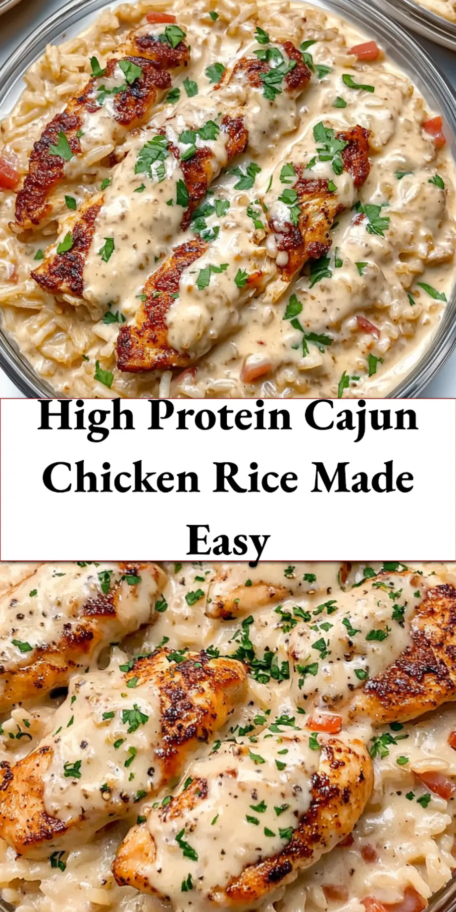 High Protein Creamy Cajun Chicken Rice in a rustic bowl, garnished with fresh herbs, suitable for Pinterest.