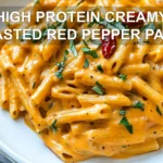 HIGH PROTEIN CREAMY ROASTED RED PEPPER PASTA centered hero view, clean and uncluttered
