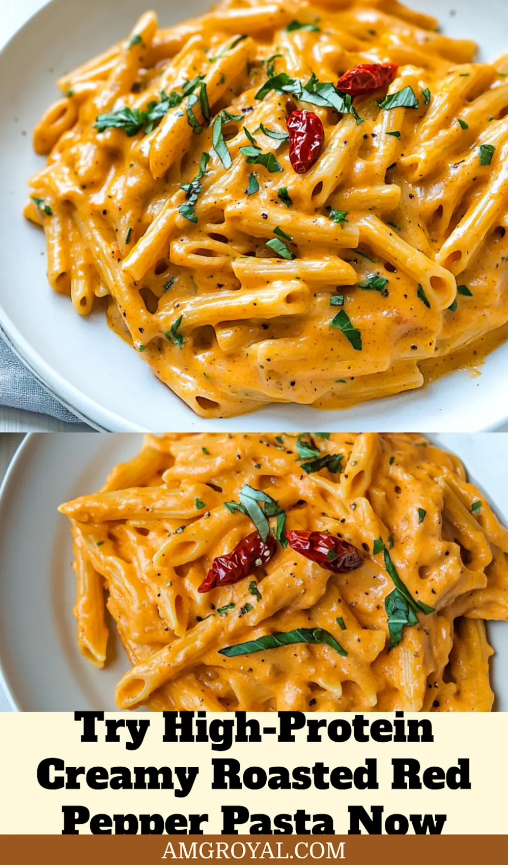 HIGH PROTEIN CREAMY ROASTED RED PEPPER PASTA centered hero view, clean and uncluttered_pin