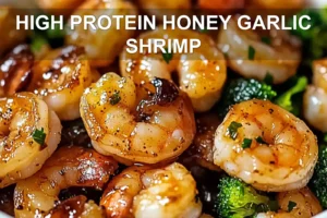 High-Protein Honey Garlic Shrimp: Quick Easy Recipe HIGH PROTEIN HONEY GARLIC SHRIMP centered hero view, clean and uncluttered