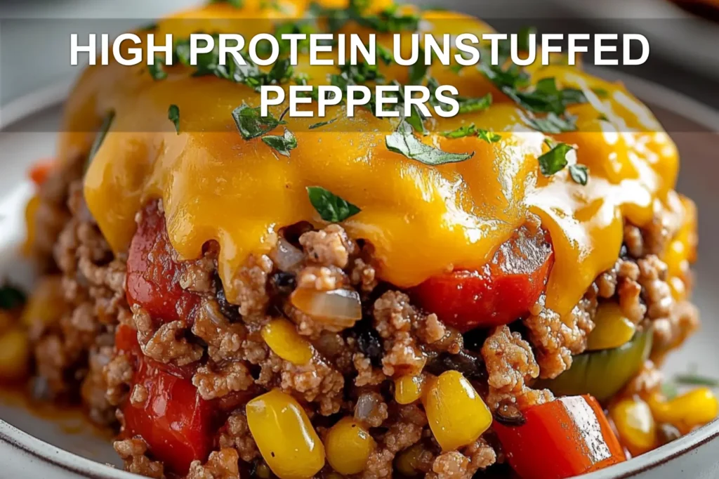 HIGH PROTEIN UNSTUFFED PEPPERS centered hero view, clean and uncluttered