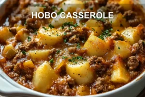 Hobo Casserole: Quick and Delicious Comfort Meal HOBO CASSEROLE centered hero view, clean and uncluttered