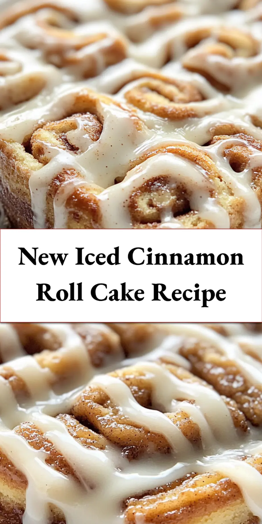 Pin-worthy image of a sliced Iced Cinnamon Roll Cake, showcasing its moist texture and perfect swirls.