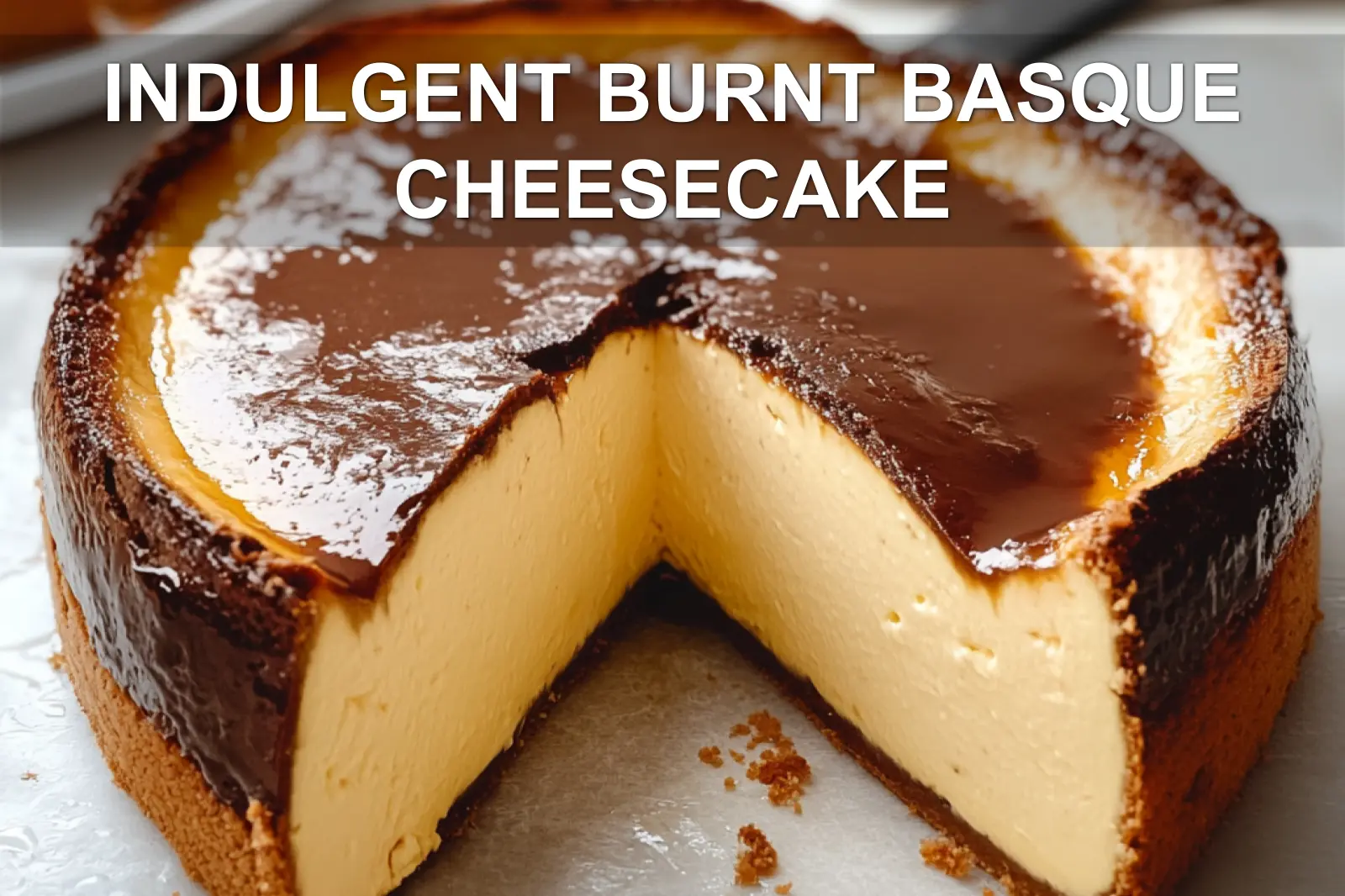 INDULGENT BURNT BASQUE CHEESECAKE centered hero view, clean and uncluttered