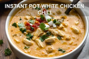 INSTANT POT WHITE CHICKEN CHILI centered hero view, clean and uncluttered
