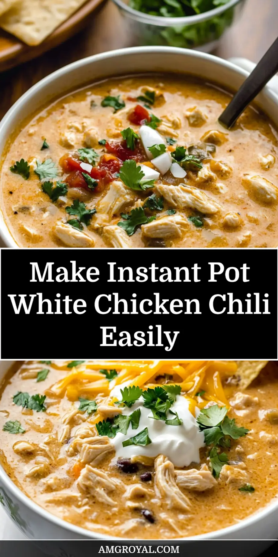 Bowl of creamy Instant Pot White Chicken Chili garnished with fresh cilantro and a dollop of sour cream, served on a rustic wooden table.