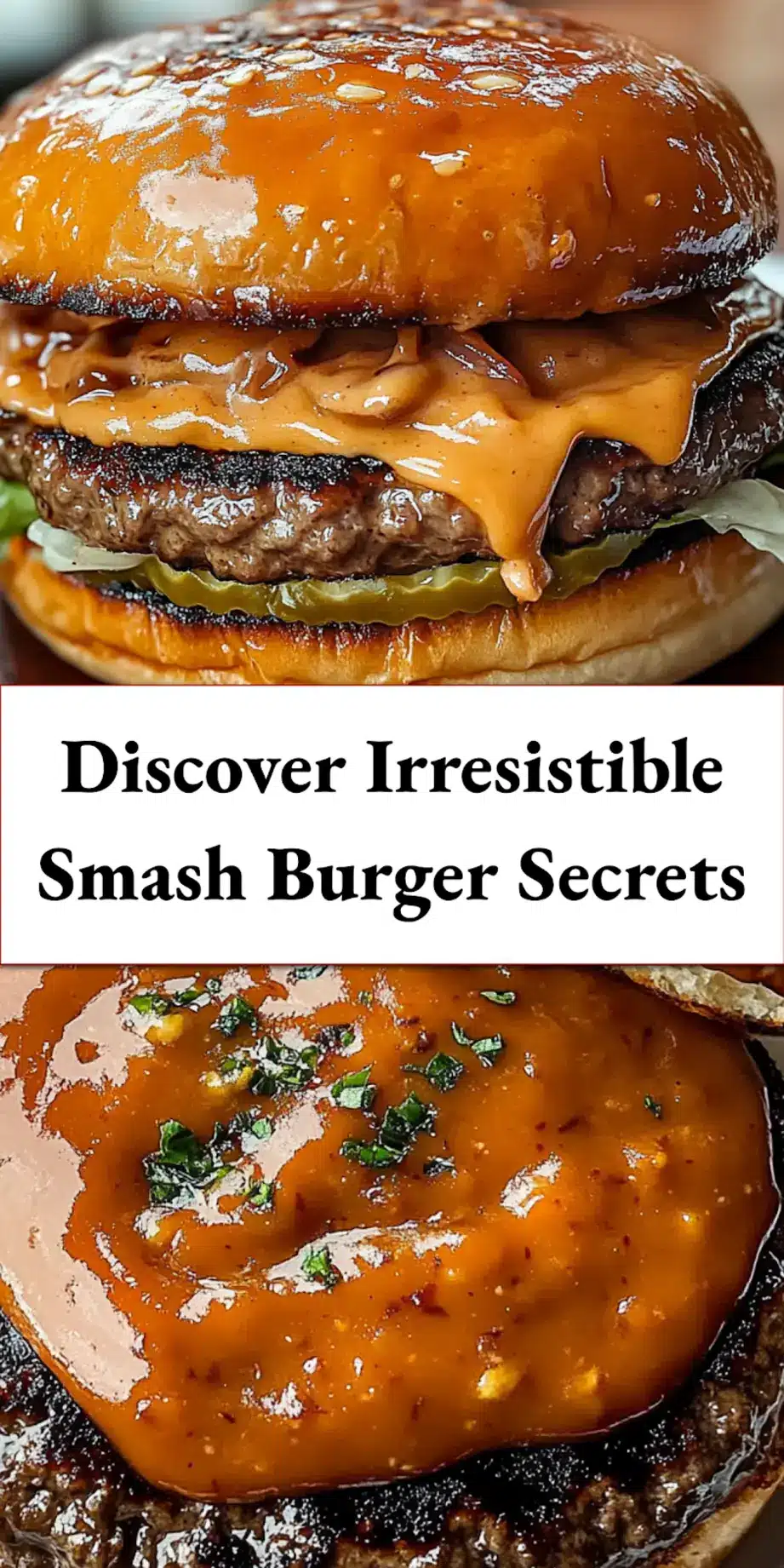 A mouth-watering smash burger with melted cheese and fresh toppings, generously drizzled with the homemade irresistible smash burger sauce, ready to be pinned.