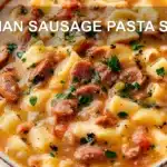 ITALIAN SAUSAGE PASTA SOUP centered hero view, clean and uncluttered
